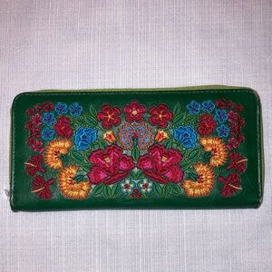 Floral Embroidered Green Wallet